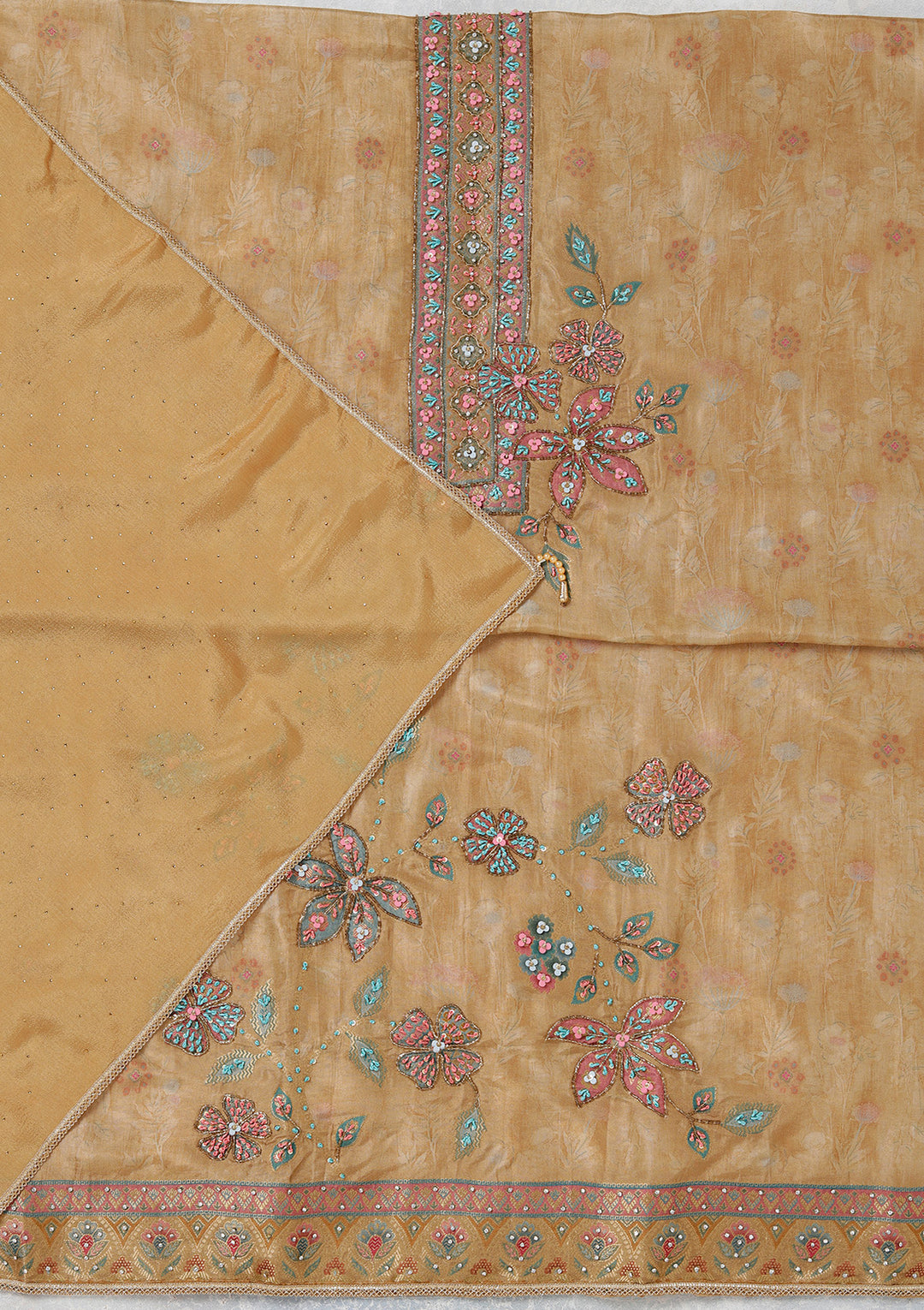 Beige Organza Gold Zariwork Unstitched Dress Material With Matching Bottom And Dupatta