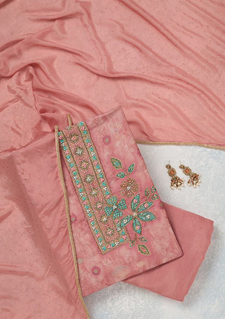 Onion Pink Zariwork (Gold) Organza Unstitched Salwar Suit