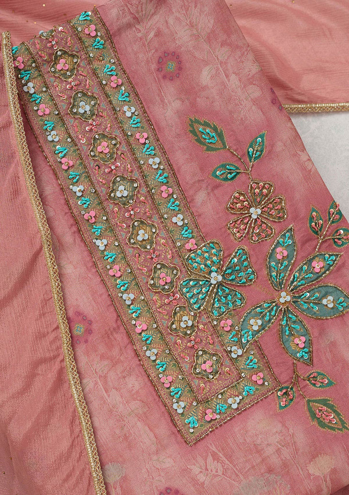 Onion Pink Zariwork (Gold) Organza Unstitched Salwar Suit