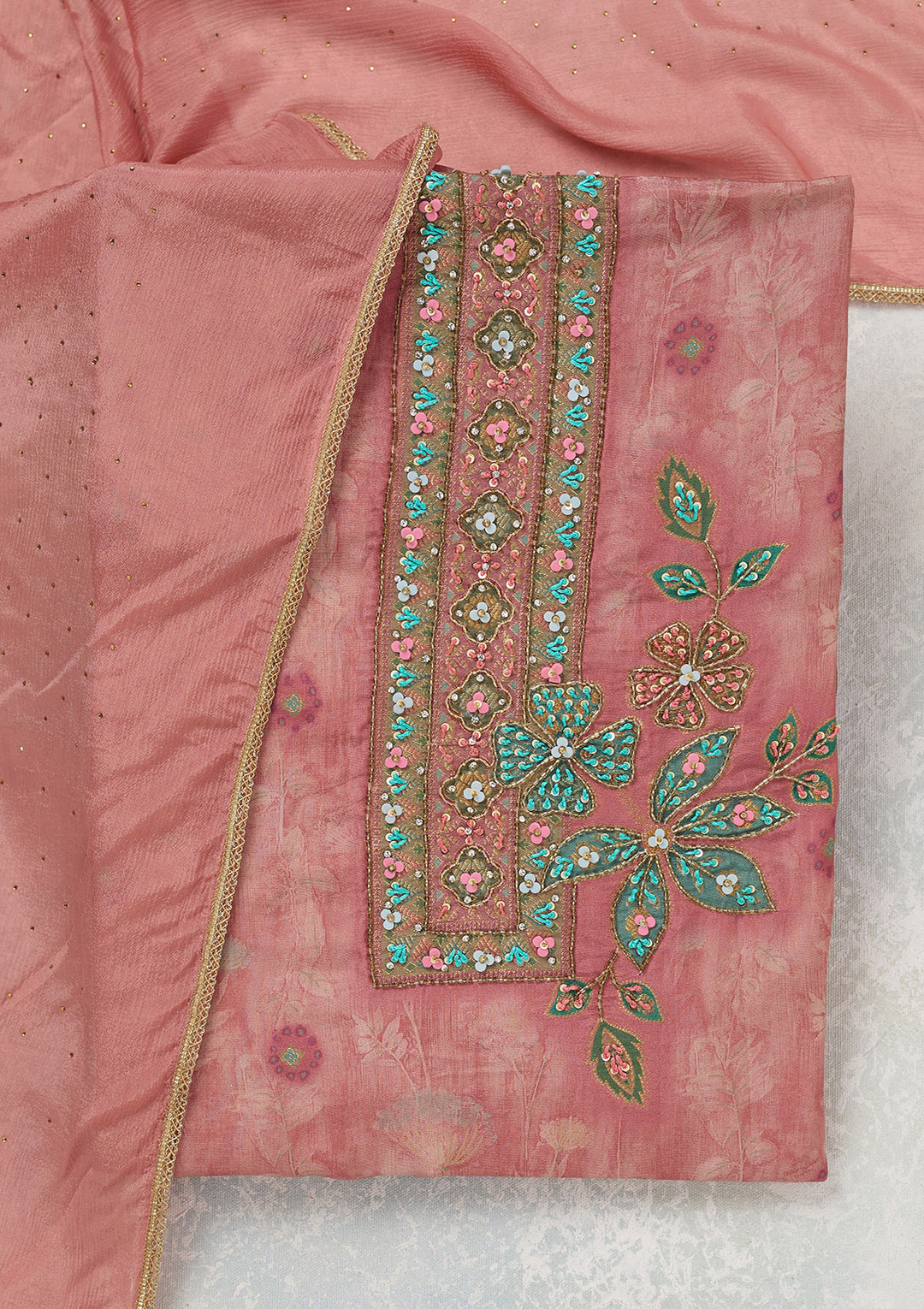 Onion Pink Zariwork (Gold) Organza Unstitched Salwar Suit