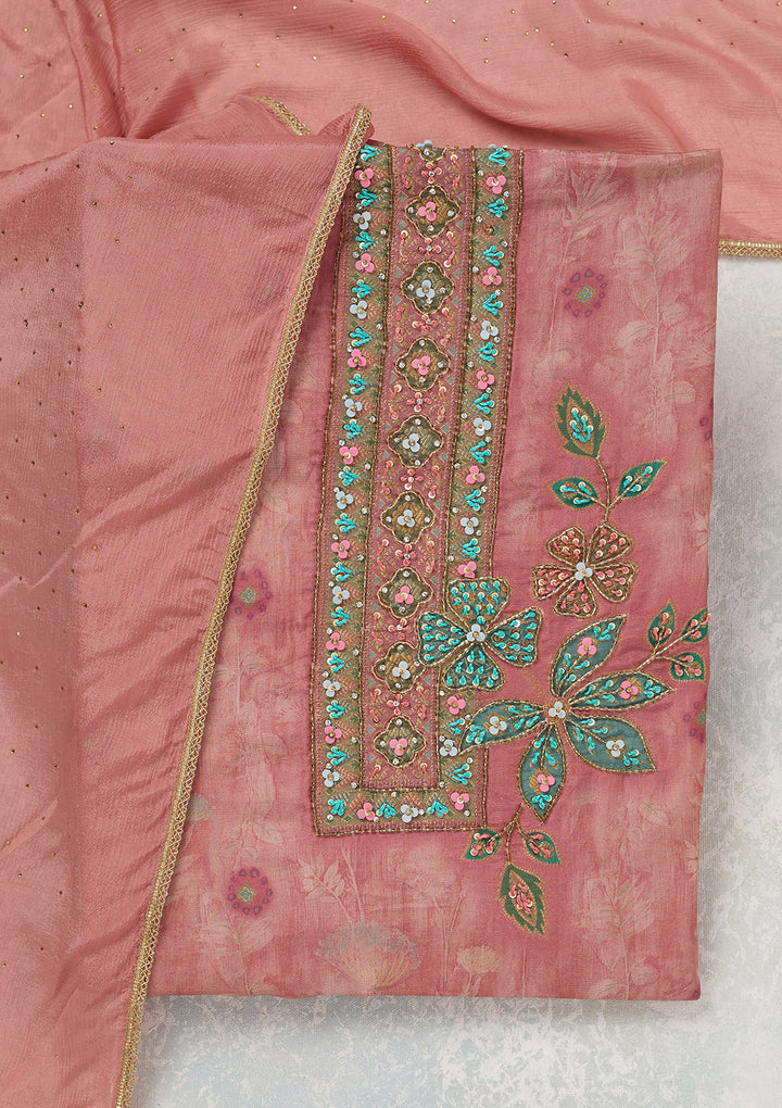 Onion Pink Zariwork (Gold) Organza Unstitched Salwar Suit
