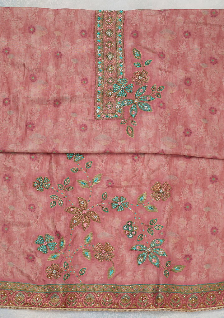 Onion Pink Zariwork (Gold) Organza Unstitched Salwar Suit