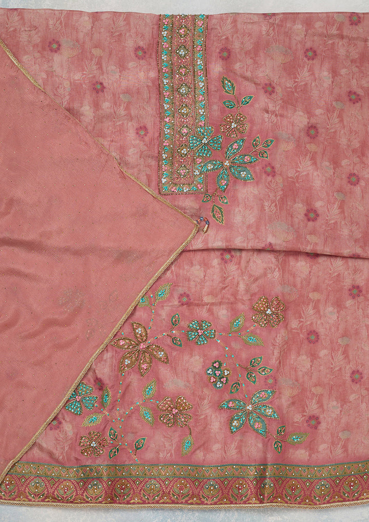 Onion Pink Zariwork (Gold) Organza Unstitched Salwar Suit