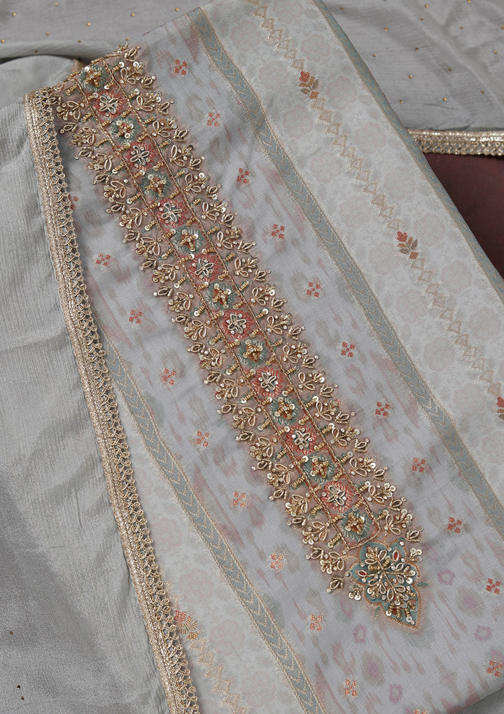Grey Zariwork (Gold) Organza Unstitched Salwar Suit