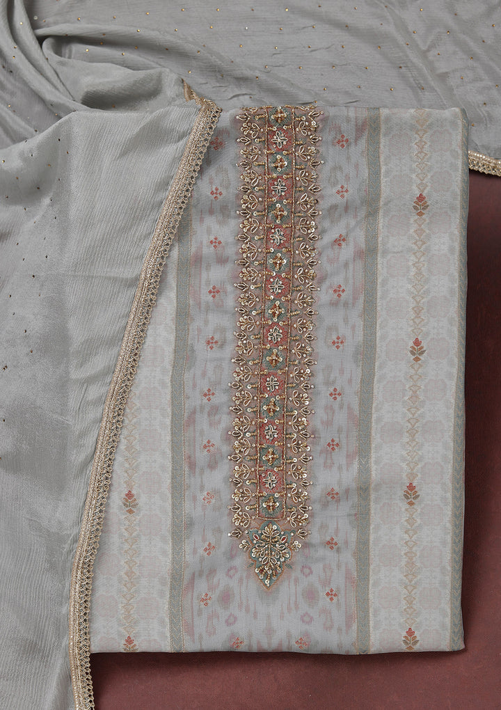 Grey Zariwork (Gold) Organza Unstitched Salwar Suit