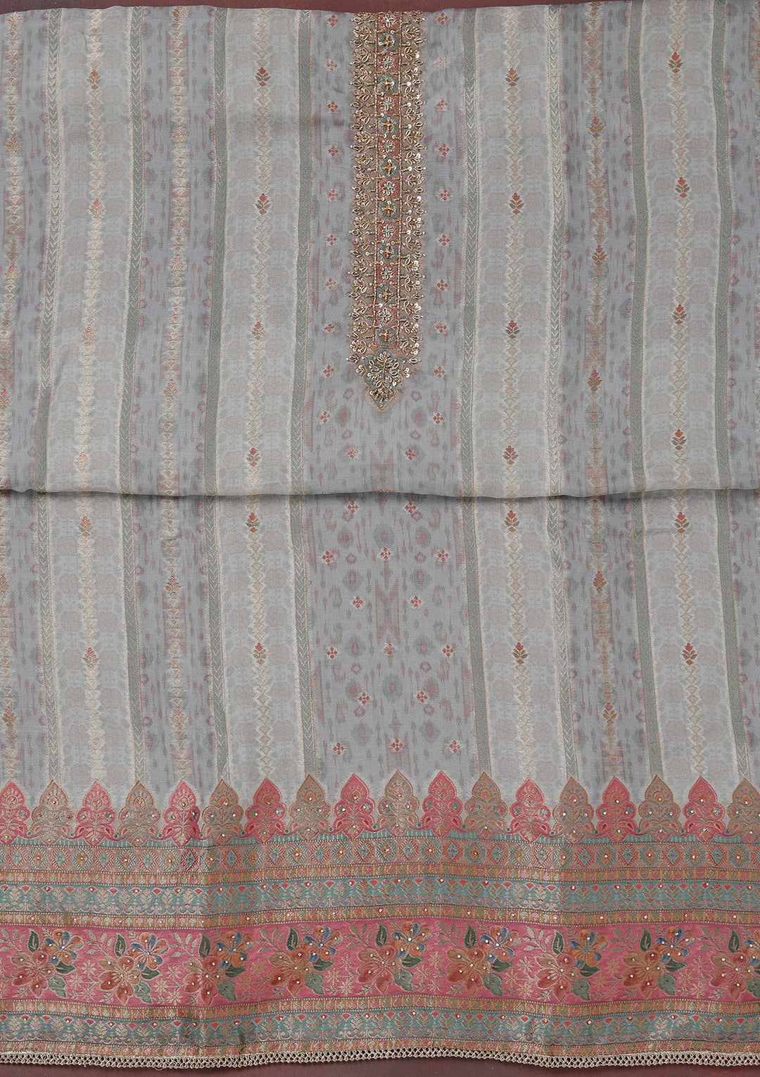 Grey Zariwork (Gold) Organza Unstitched Salwar Suit