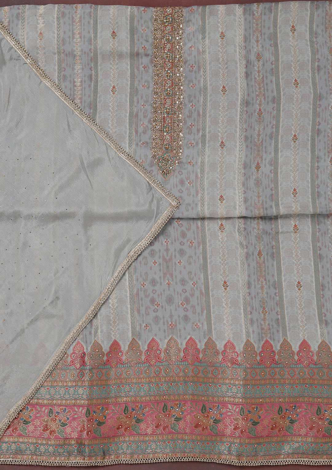 Grey Zariwork (Gold) Organza Unstitched Salwar Suit