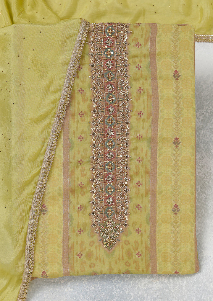 Lemon Yellow Zariwork (Gold) Organza Unstitched Salwar Suit