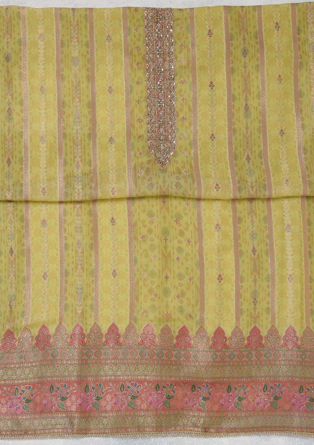 Lemon Yellow Zariwork (Gold) Organza Unstitched Salwar Suit