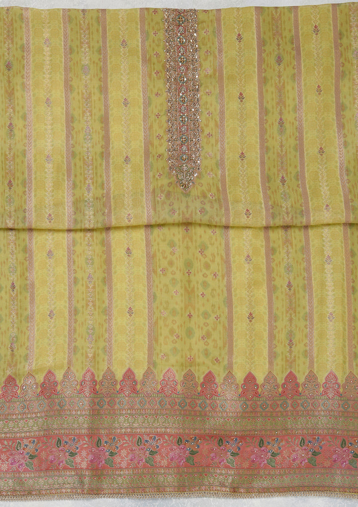 Lemon Yellow Zariwork (Gold) Organza Unstitched Salwar Suit