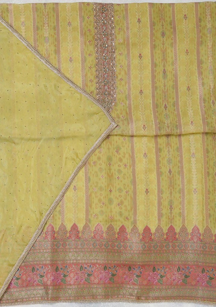 Lemon Yellow Zariwork (Gold) Organza Unstitched Salwar Suit