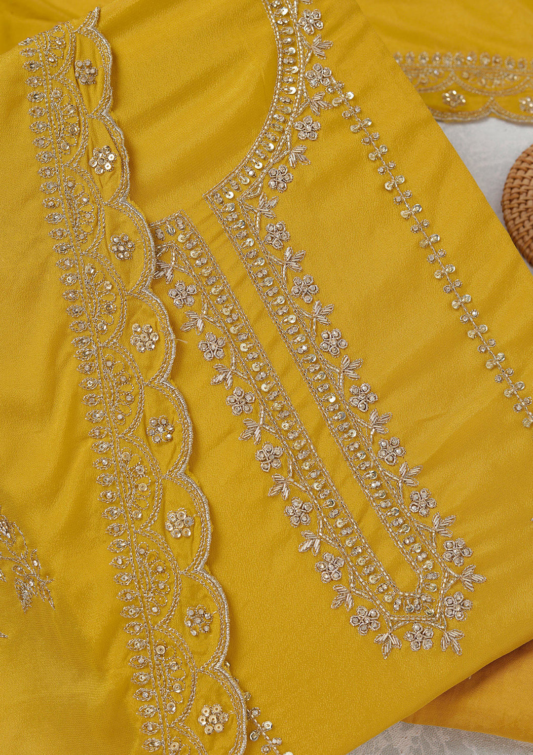 Mustard Zariwork (Gold) Georgette Unstitched Salwar Suit