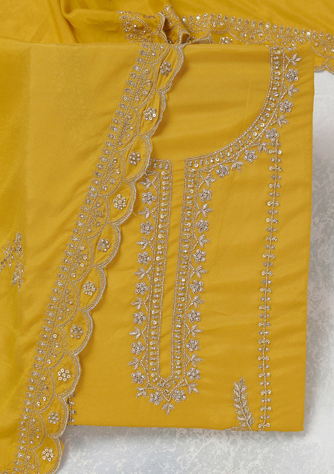 Mustard Zariwork (Gold) Georgette Unstitched Salwar Suit