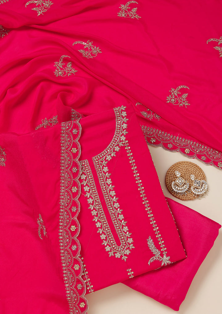 Rani Pink Georgette Gold Zariwork Unstitched Dress Material With Matching Bottom And Dupatta