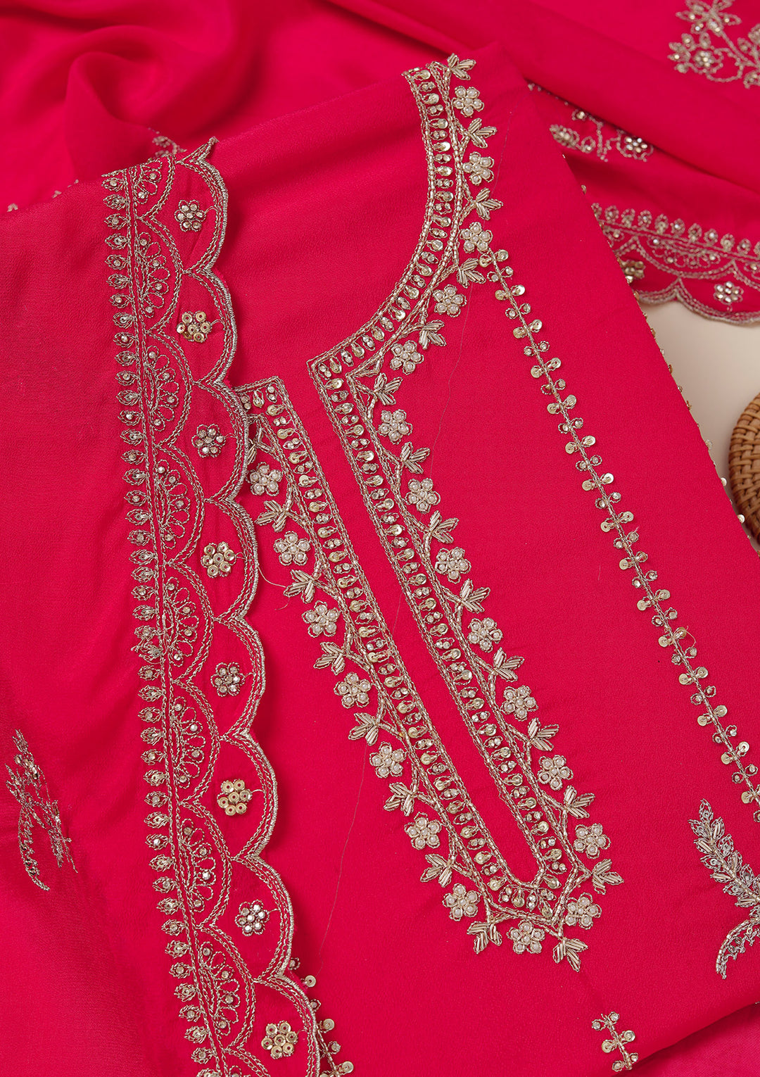 Rani Pink Georgette Gold Zariwork Unstitched Dress Material With Matching Bottom And Dupatta