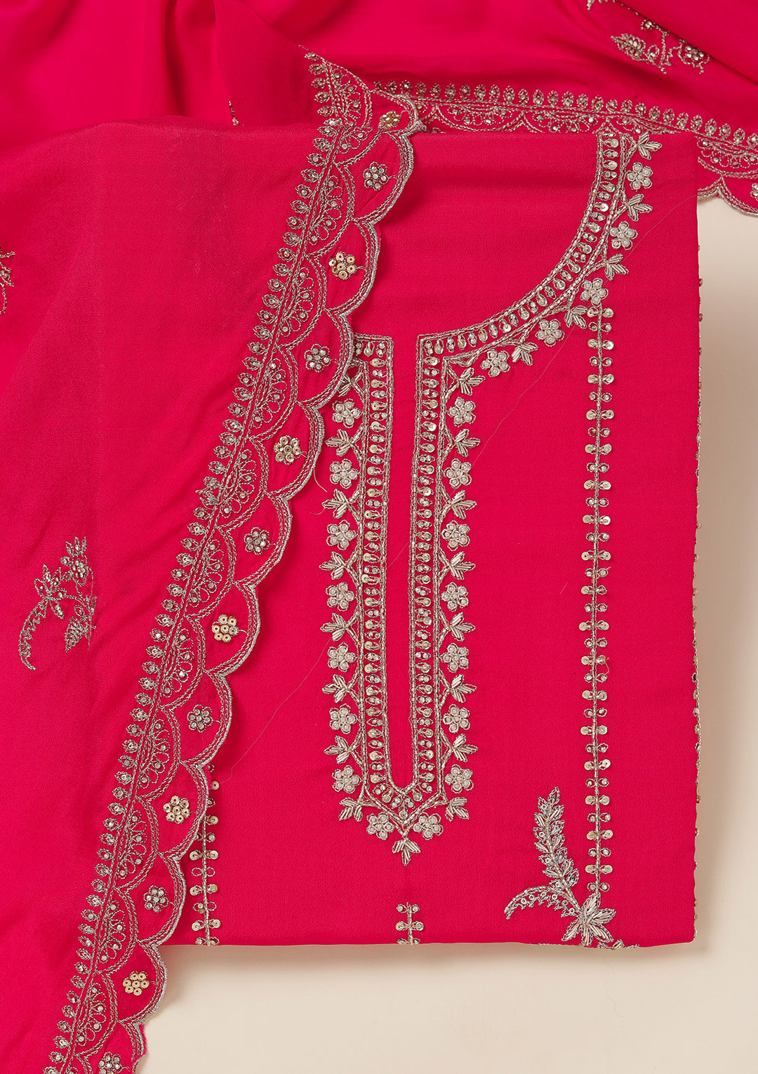 Rani Pink Georgette Gold Zariwork Unstitched Dress Material With Matching Bottom And Dupatta