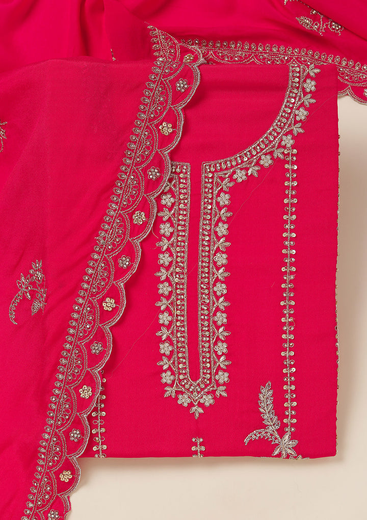 Rani Pink Georgette Gold Zariwork Unstitched Dress Material With Matching Bottom And Dupatta