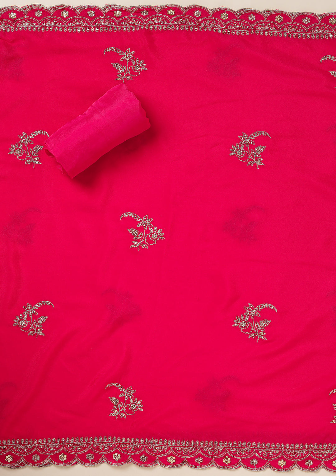 Rani Pink Georgette Gold Zariwork Unstitched Dress Material With Matching Bottom And Dupatta