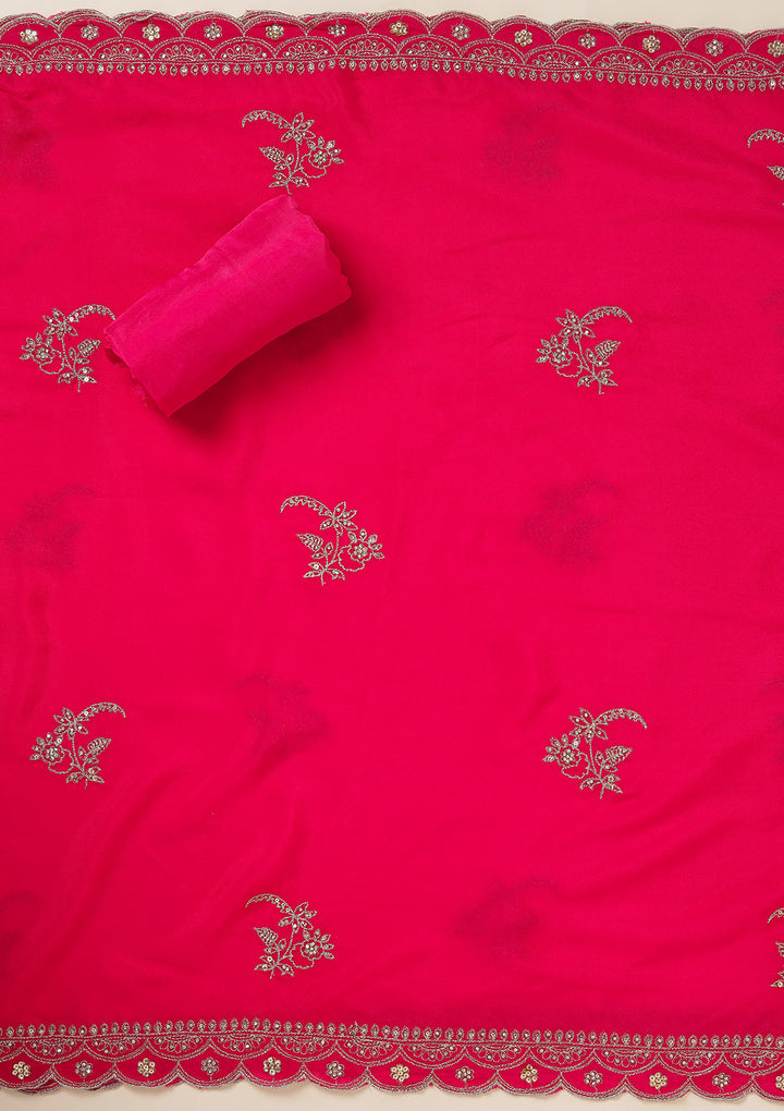 Rani Pink Georgette Gold Zariwork Unstitched Dress Material With Matching Bottom And Dupatta