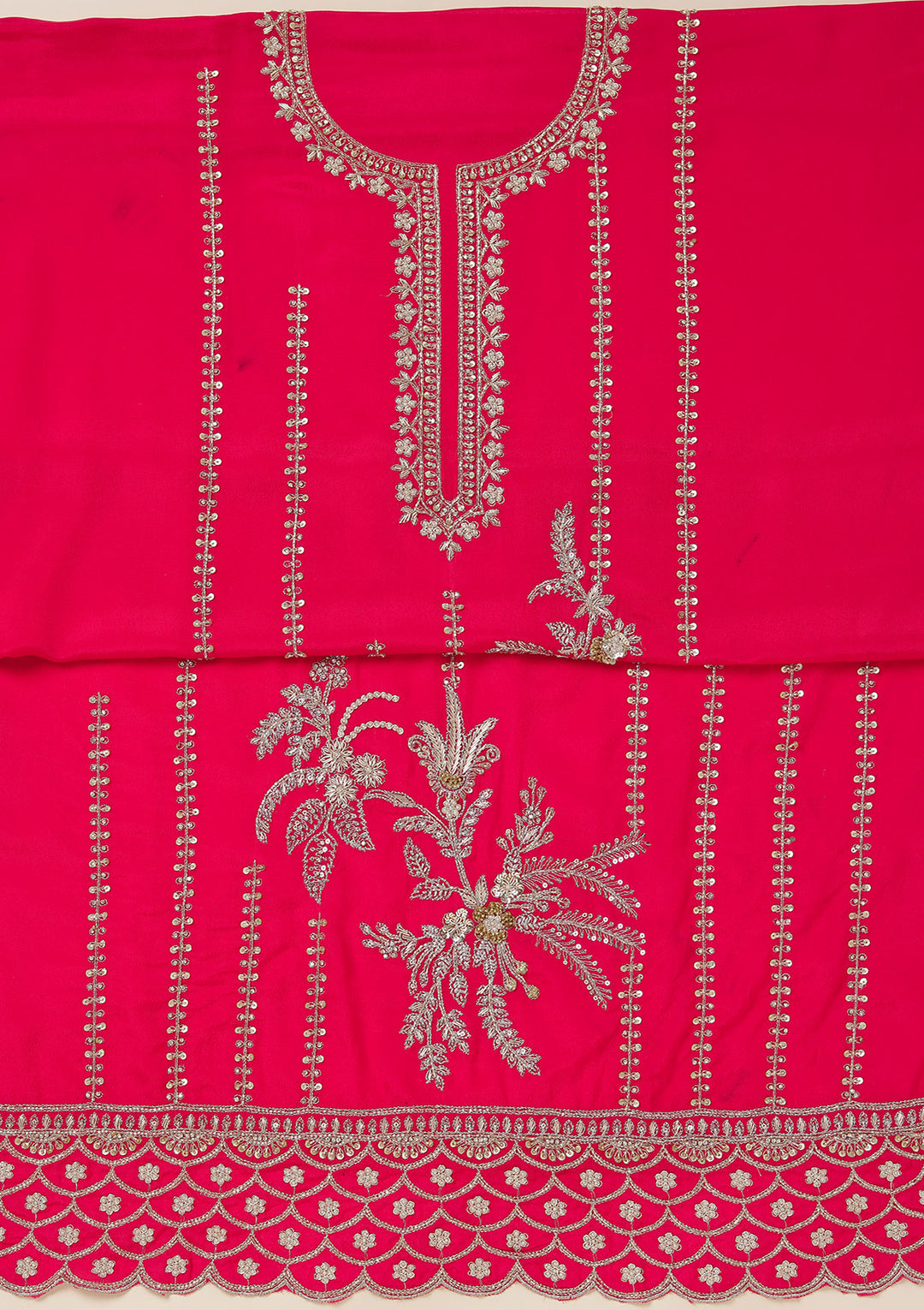 Rani Pink Georgette Gold Zariwork Unstitched Dress Material With Matching Bottom And Dupatta