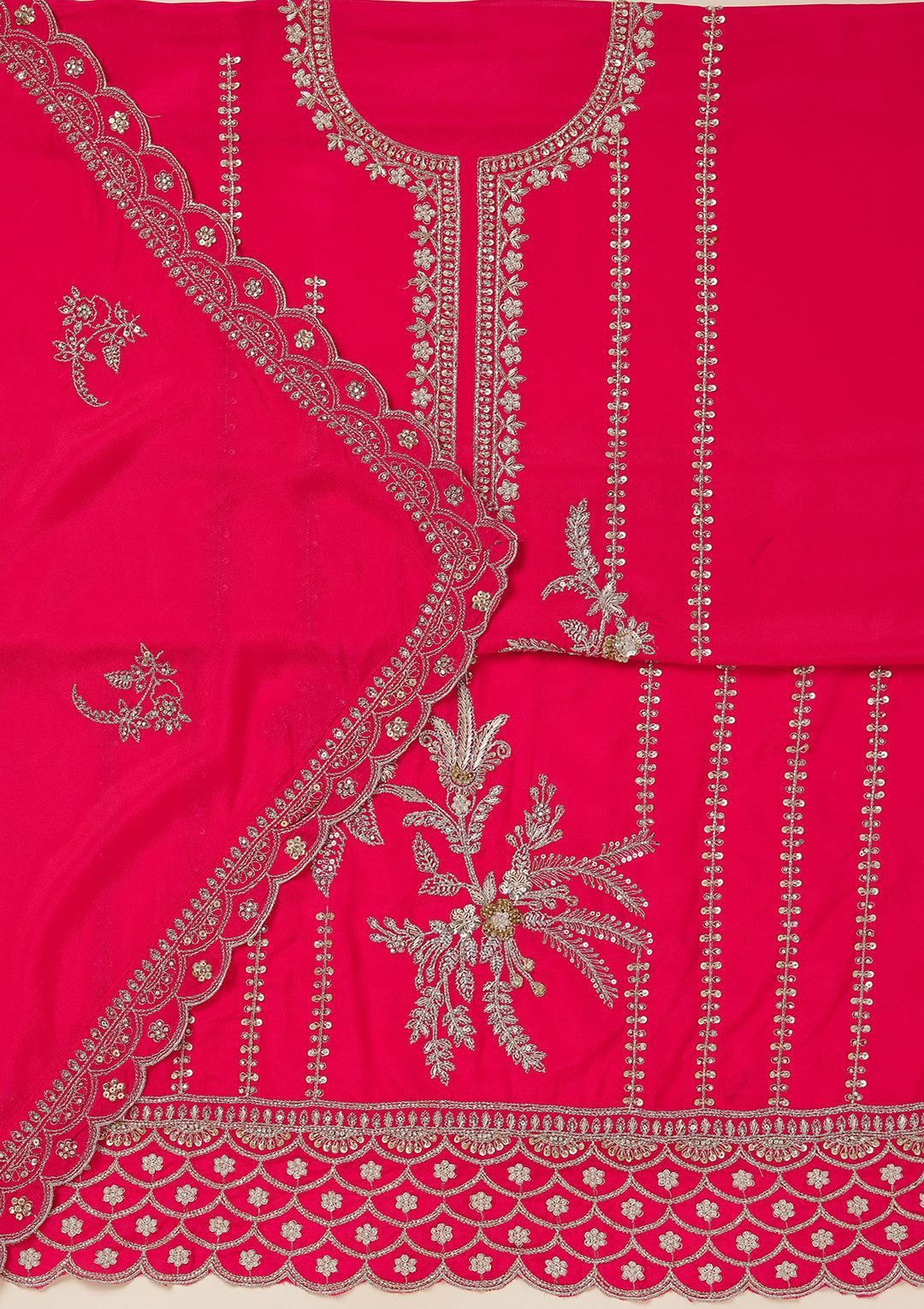 Rani Pink Georgette Gold Zariwork Unstitched Dress Material With Matching Bottom And Dupatta