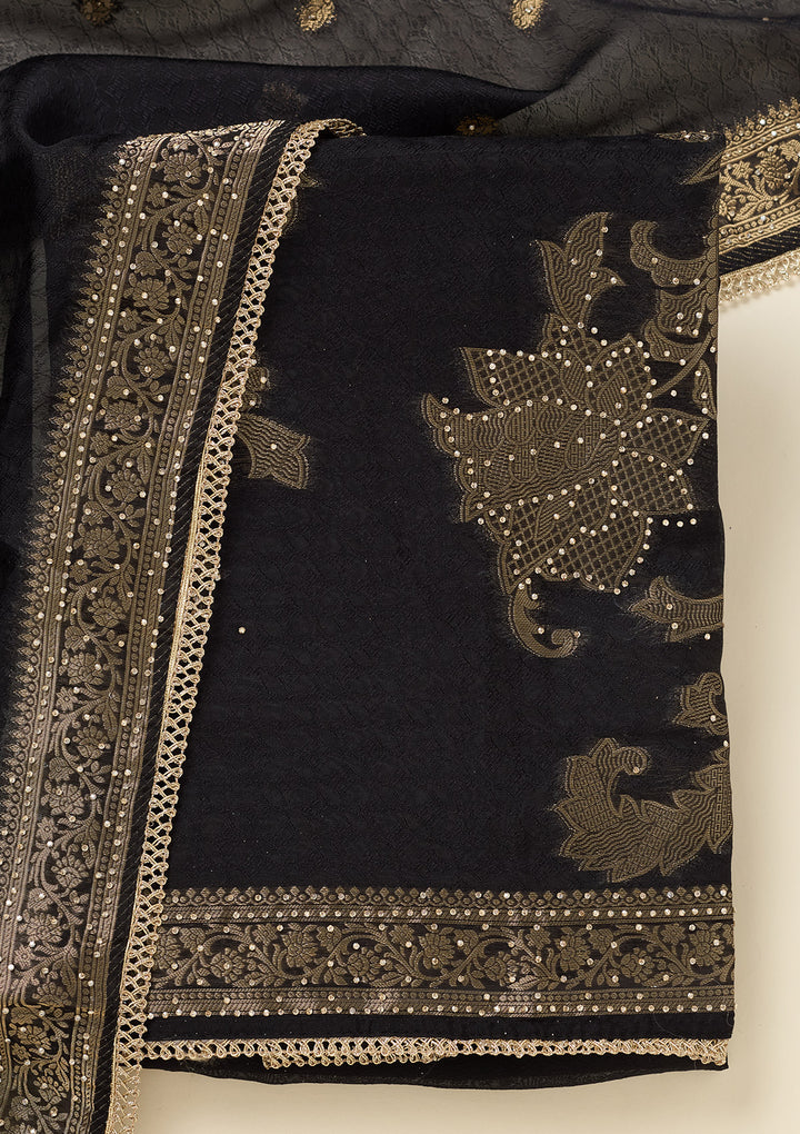 Black Zariwork (Gold) Dola Silk Unstitched Salwar Suit