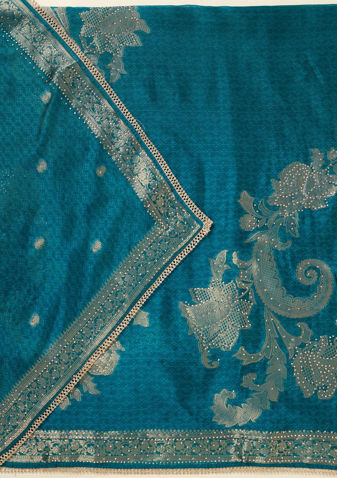 Turquoise Blue Zariwork (Gold) Dola Silk Unstitched Salwar Suit