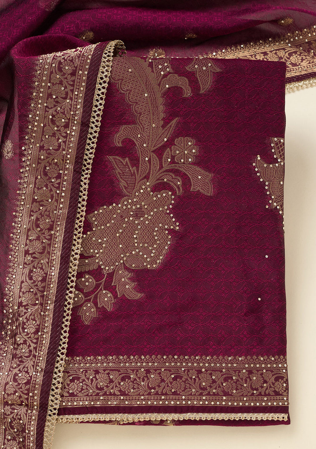 Wine Zariwork (Gold) Dola Silk Unstitched Salwar Suit