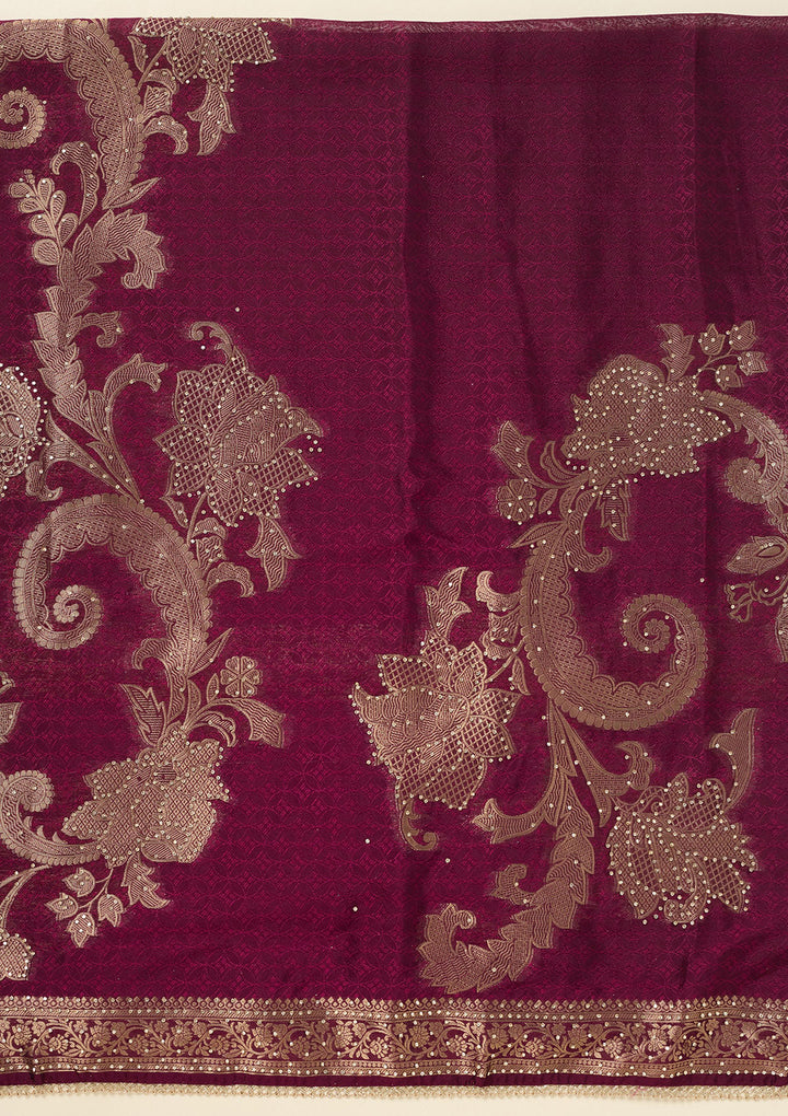 Wine Zariwork (Gold) Dola Silk Unstitched Salwar Suit