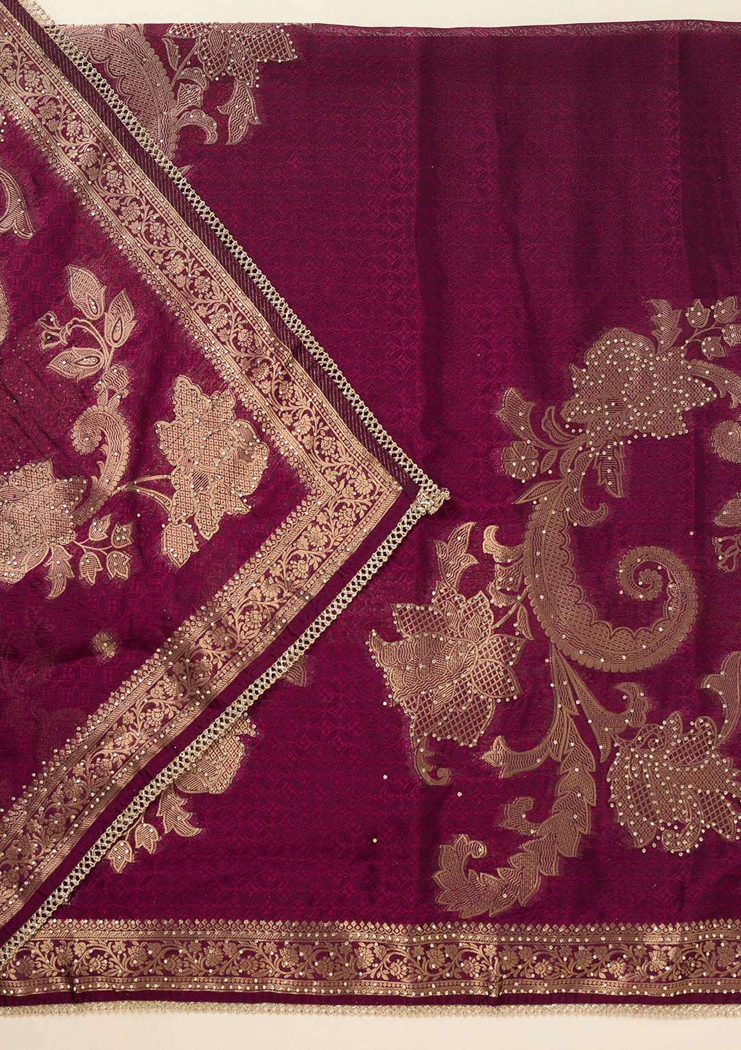 Wine Zariwork (Gold) Dola Silk Unstitched Salwar Suit