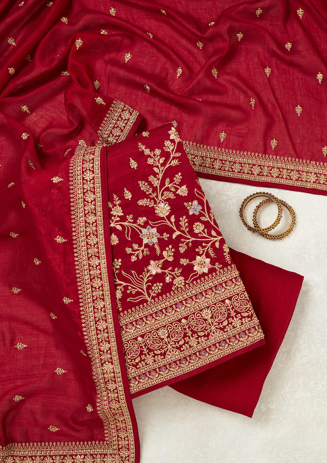 Maroon Soft Raw Silk Cording Unstitched Dress Material With Matching Bottom And Dupatta