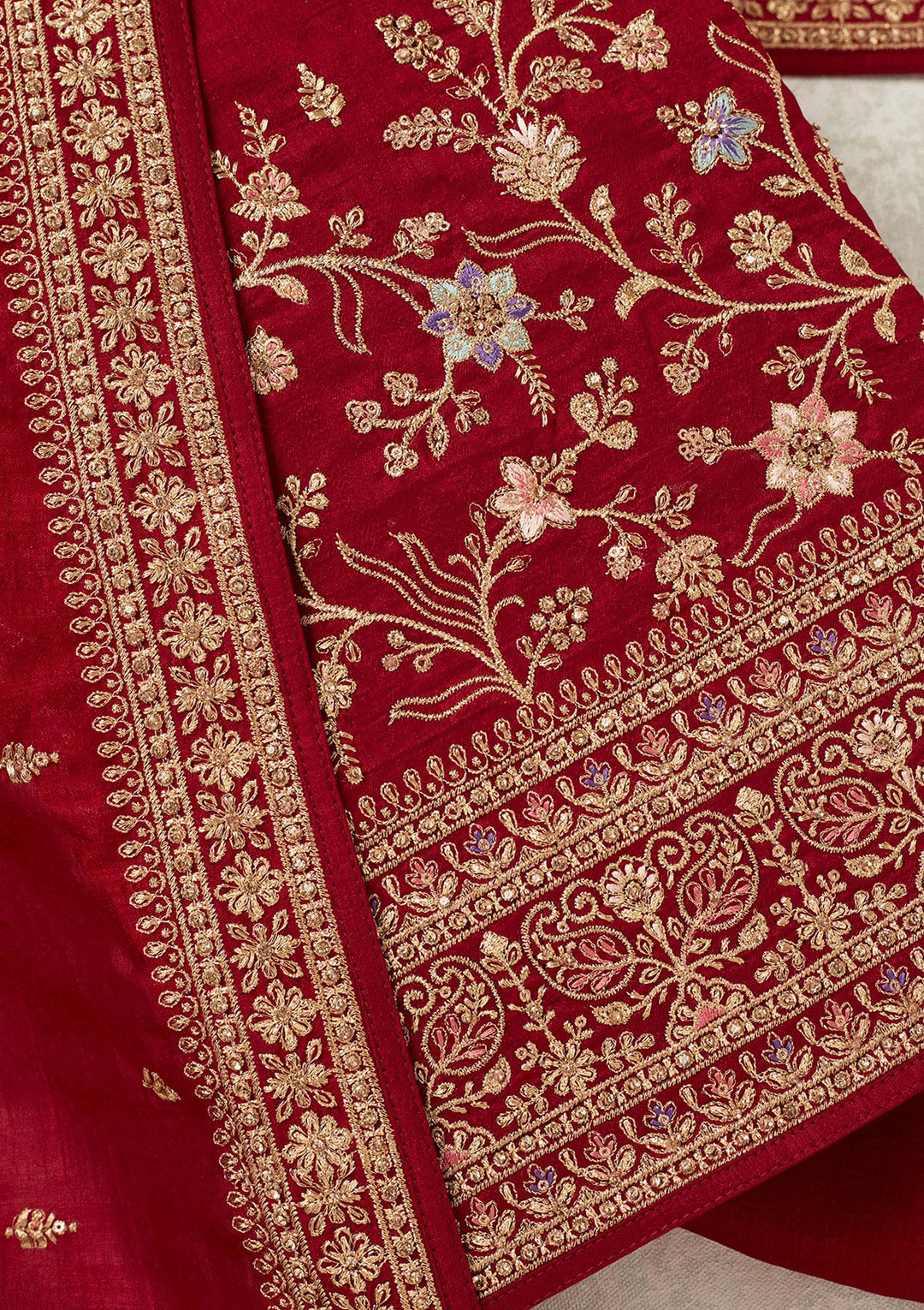Maroon Soft Raw Silk Cording Unstitched Dress Material With Matching Bottom And Dupatta