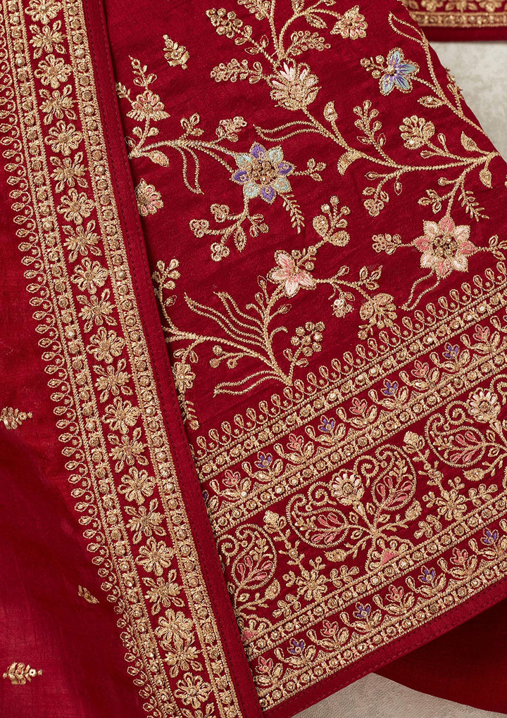 Maroon Soft Raw Silk Cording Unstitched Dress Material With Matching Bottom And Dupatta