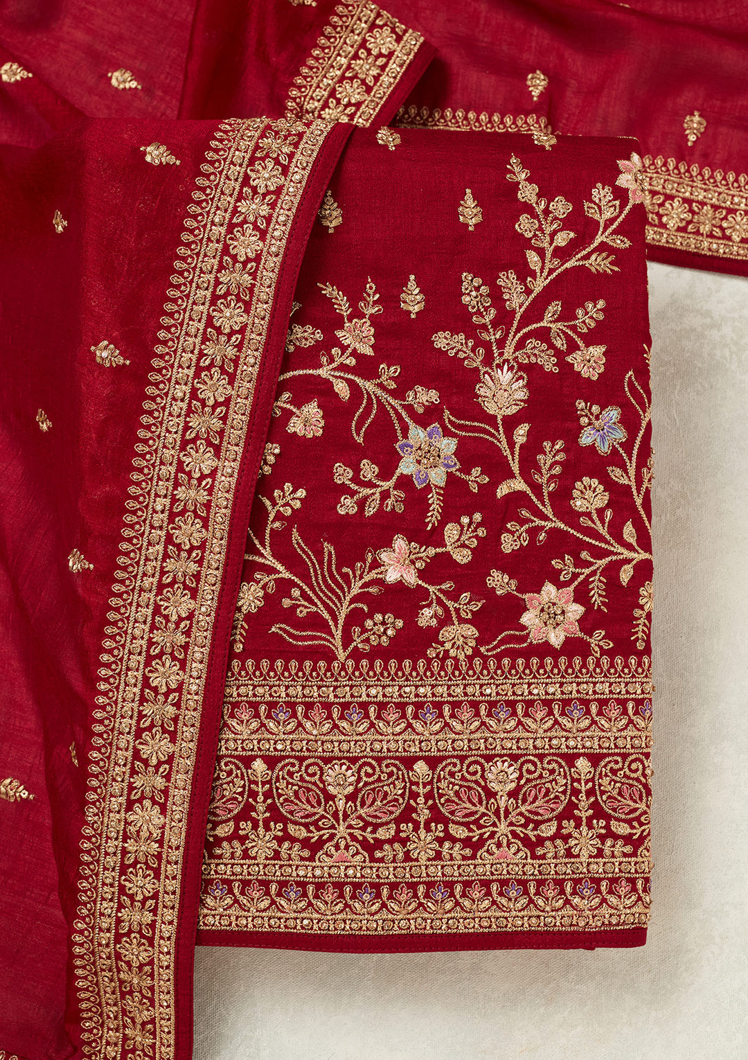 Maroon Soft Raw Silk Cording Unstitched Dress Material With Matching Bottom And Dupatta