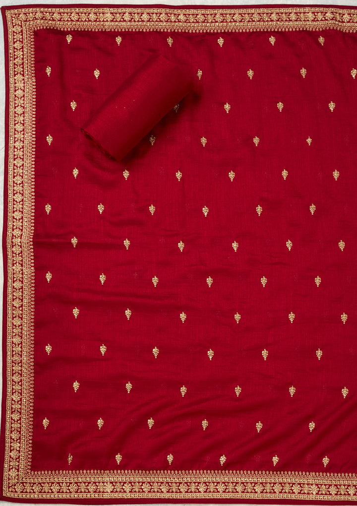 Maroon Soft Raw Silk Cording Unstitched Dress Material With Matching Bottom And Dupatta