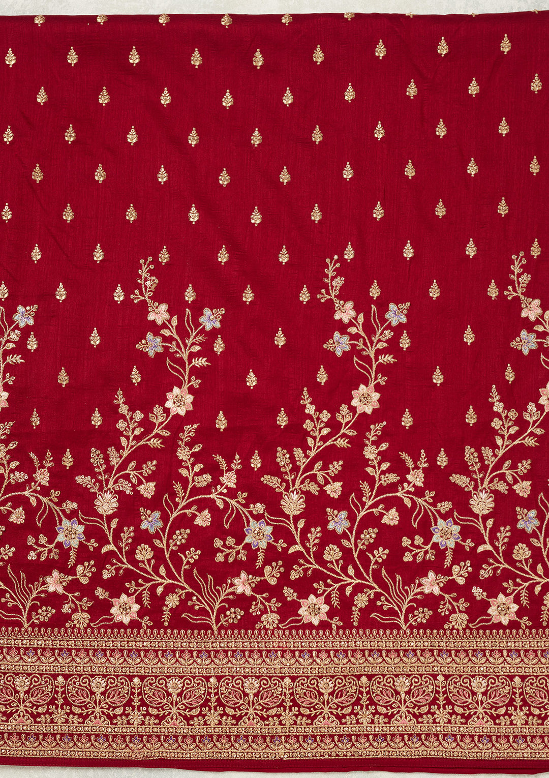 Maroon Soft Raw Silk Cording Unstitched Dress Material With Matching Bottom And Dupatta