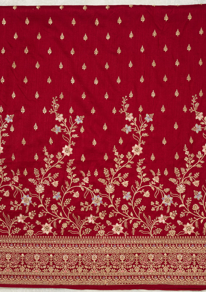 Maroon Soft Raw Silk Cording Unstitched Dress Material With Matching Bottom And Dupatta