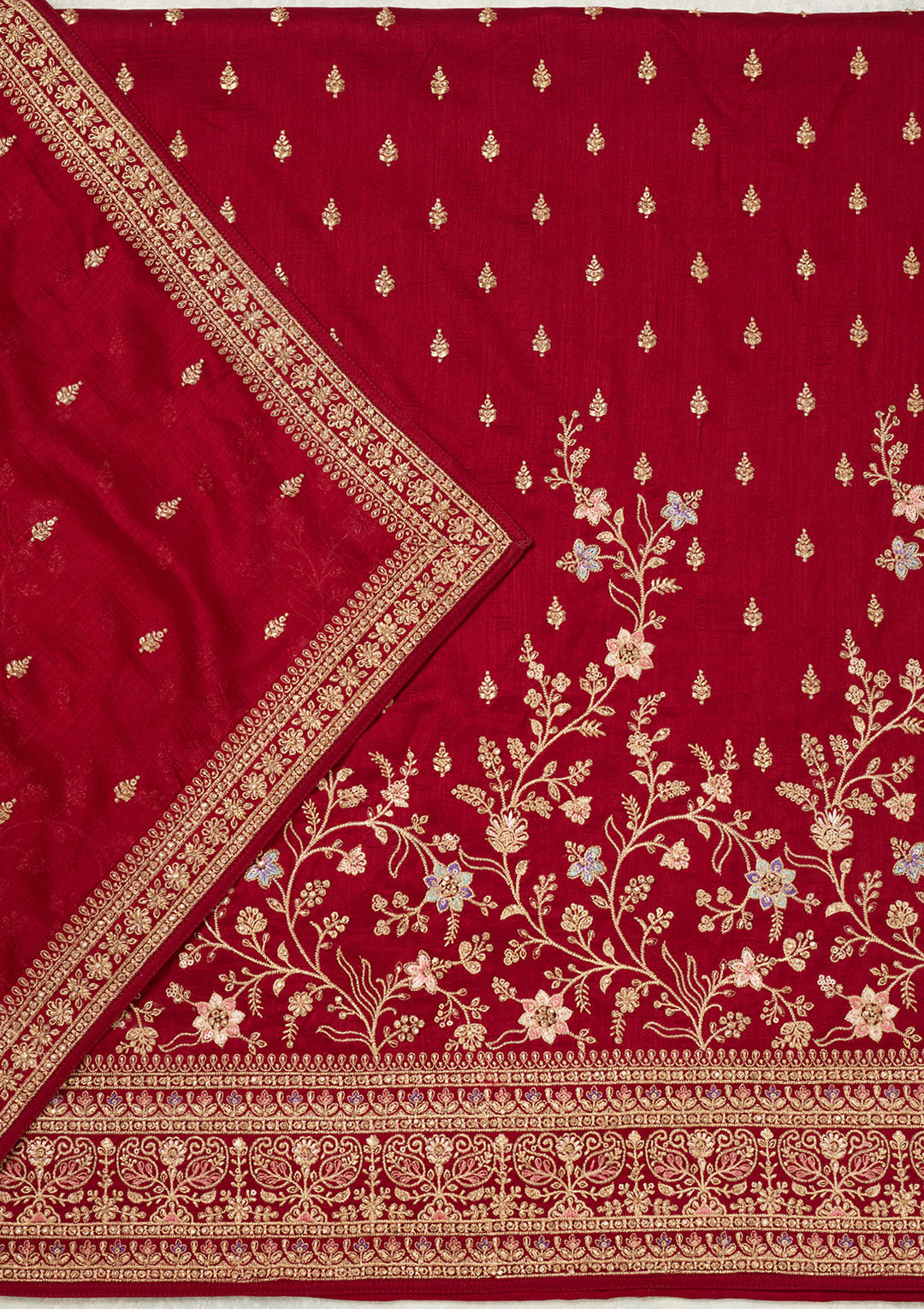 Maroon Soft Raw Silk Cording Unstitched Dress Material With Matching Bottom And Dupatta