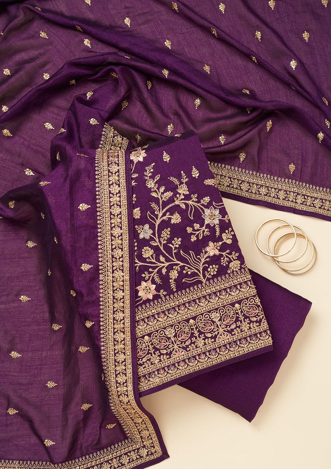 Purple Soft Raw Silk Cording Unstitched Dress Material With Matching Bottom And Dupatta