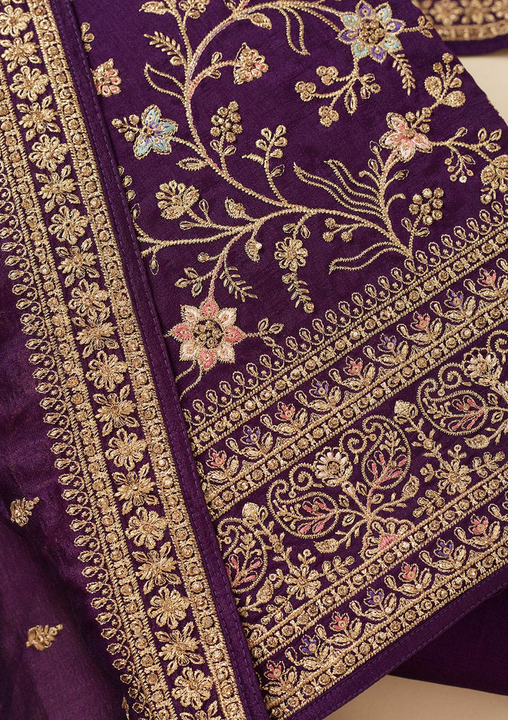 Purple Soft Raw Silk Cording Unstitched Dress Material With Matching Bottom And Dupatta
