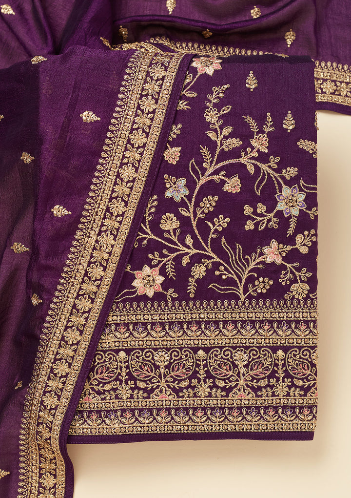 Purple Soft Raw Silk Cording Unstitched Dress Material With Matching Bottom And Dupatta
