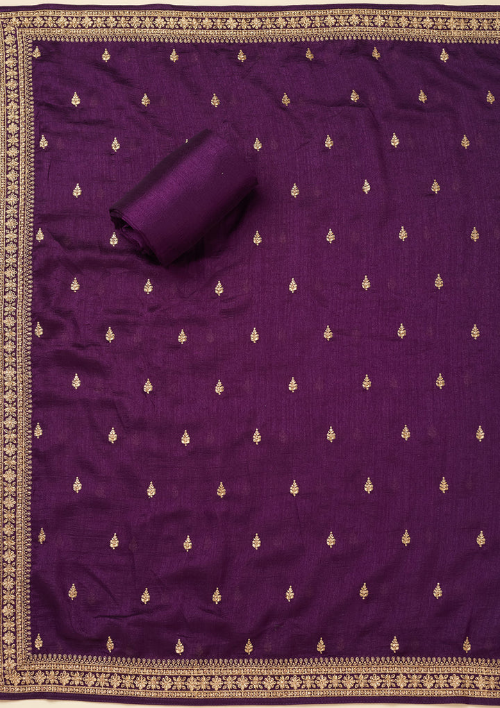Purple Soft Raw Silk Cording Unstitched Dress Material With Matching Bottom And Dupatta