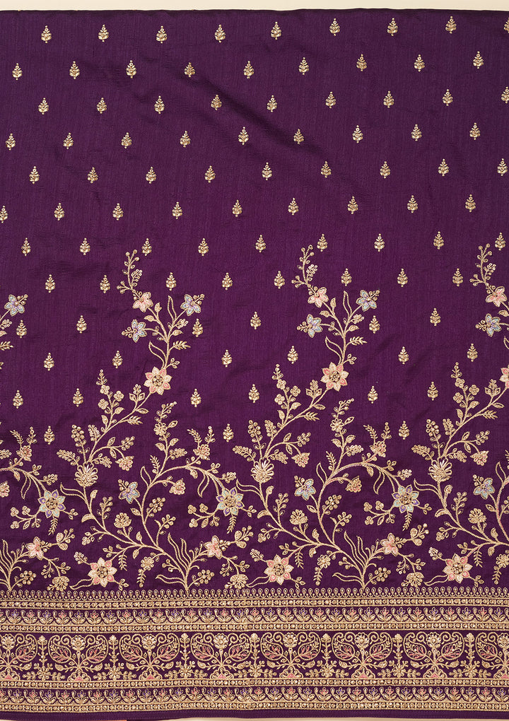 Purple Soft Raw Silk Cording Unstitched Dress Material With Matching Bottom And Dupatta