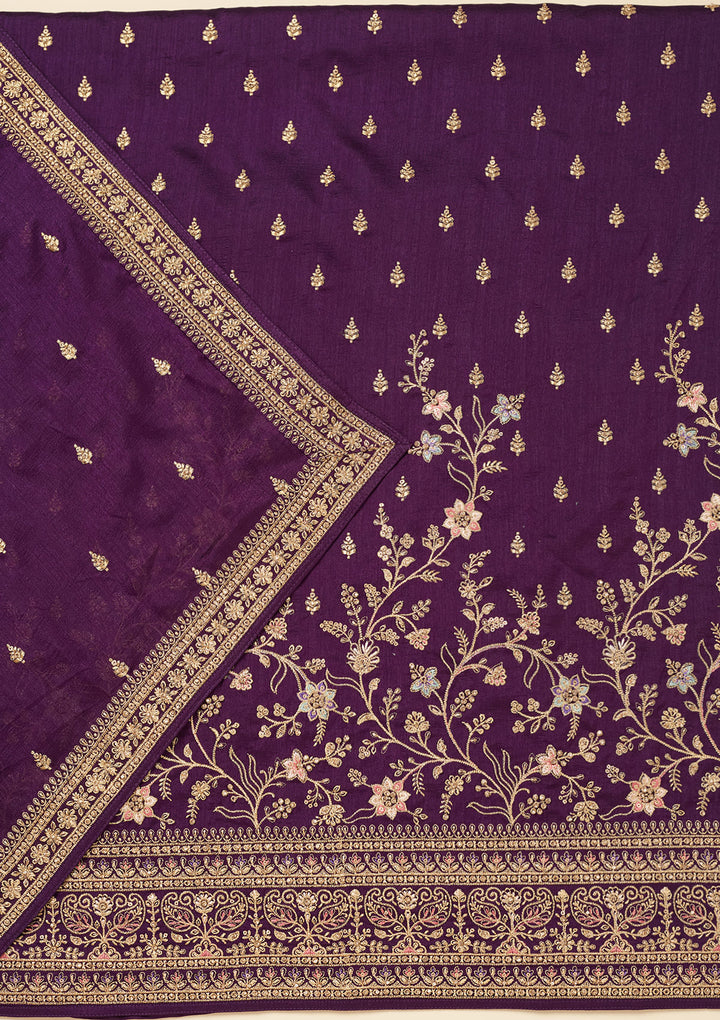 Purple Soft Raw Silk Cording Unstitched Dress Material With Matching Bottom And Dupatta