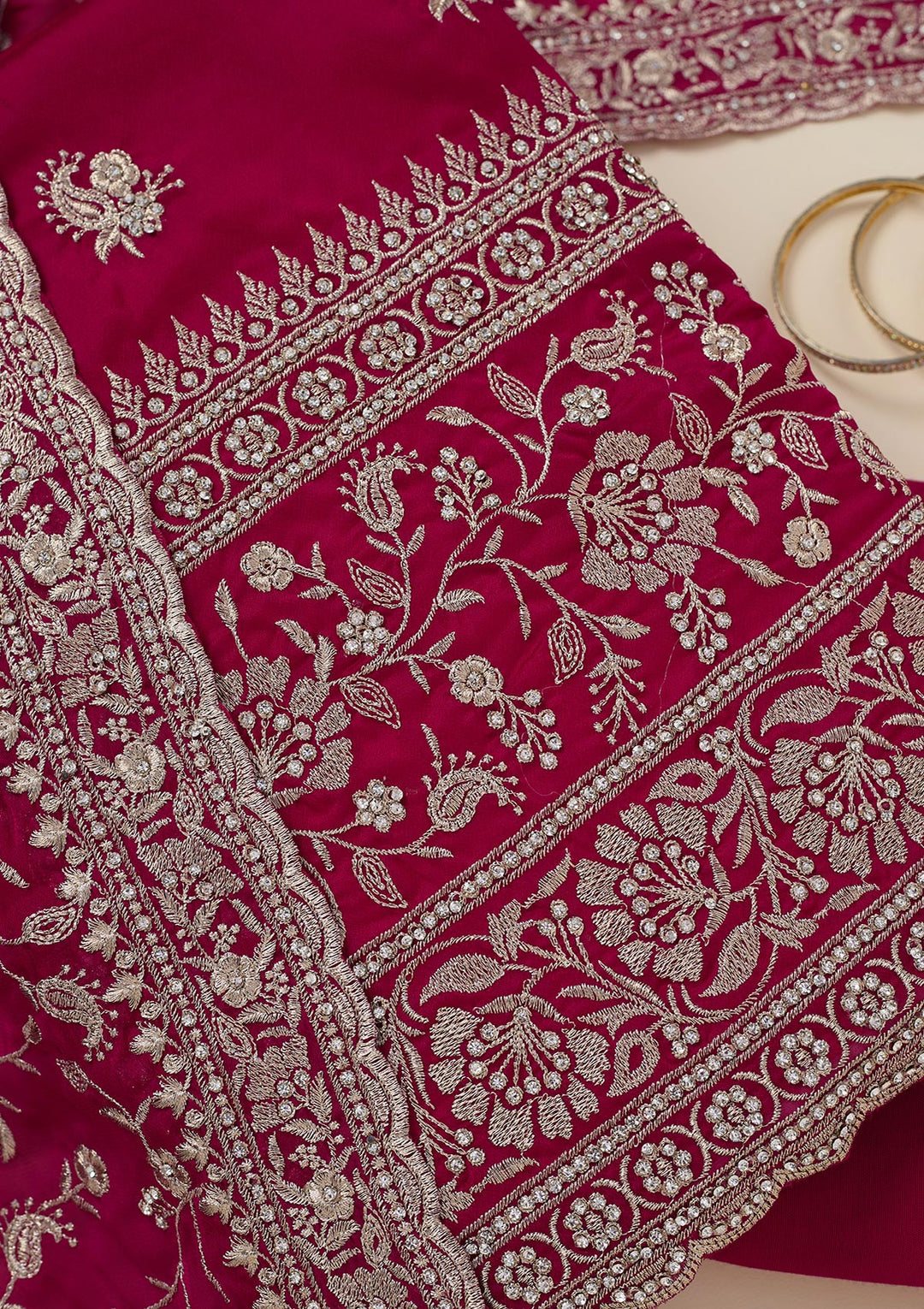 Rani Pink Zariwork (Silver) Semi Crepe Unstitched Salwar Suit