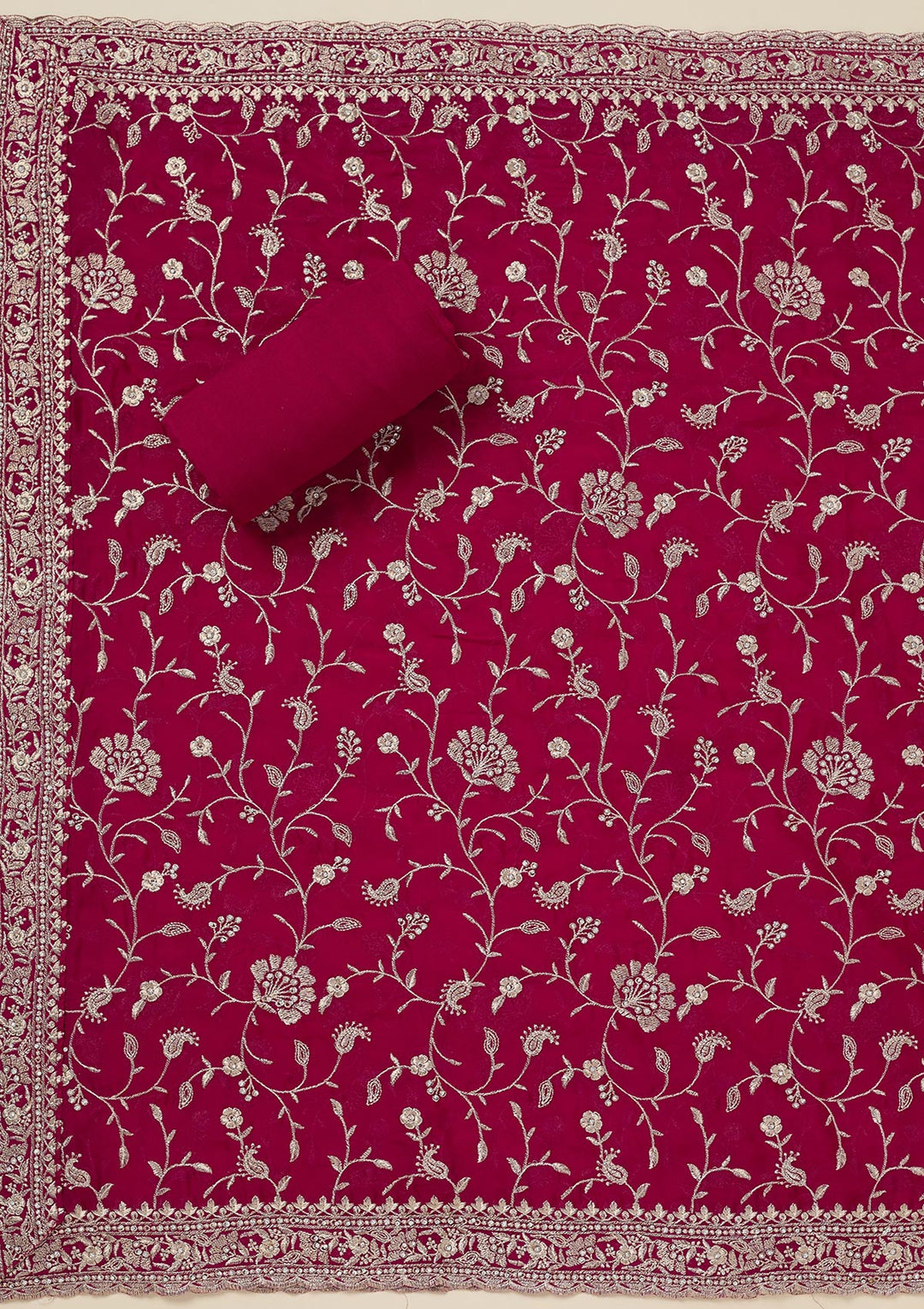 Rani Pink Zariwork (Silver) Semi Crepe Unstitched Salwar Suit