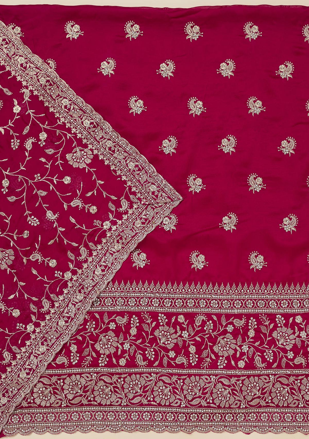 Rani Pink Zariwork (Silver) Semi Crepe Unstitched Salwar Suit