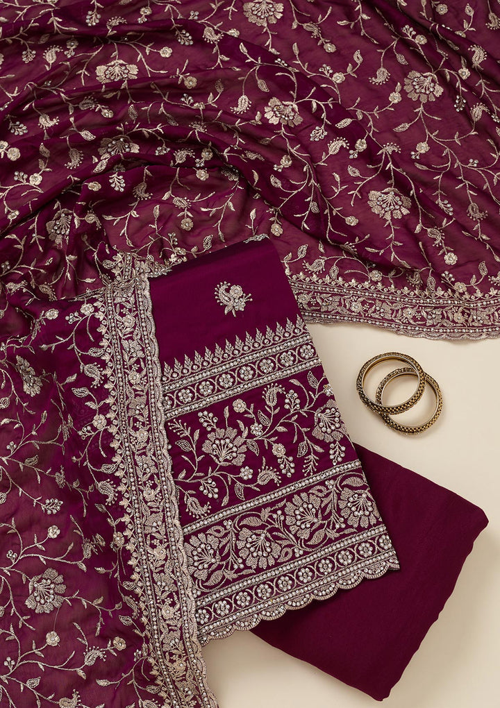 Wine Organza Silver Zariwork Unstitched Dress Material With Matching Bottom And Dupatta