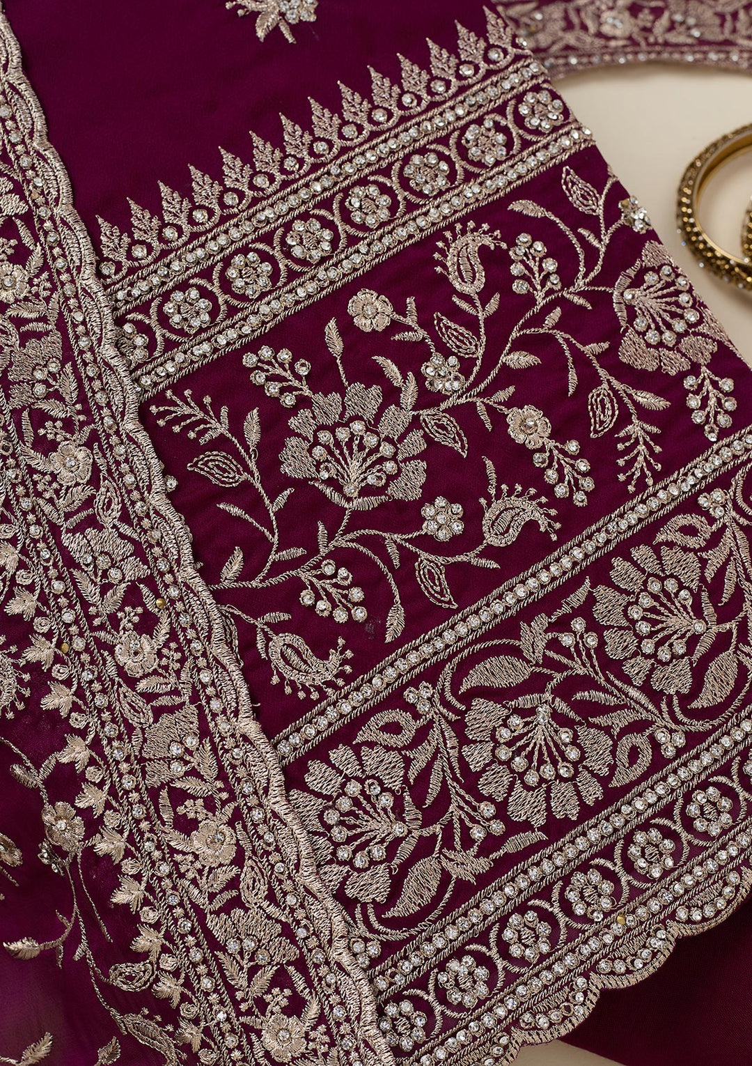 Wine Organza Silver Zariwork Unstitched Dress Material With Matching Bottom And Dupatta