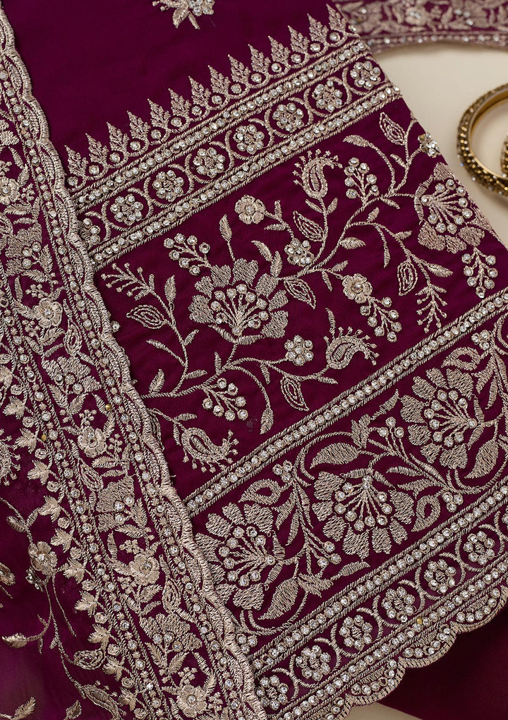 Wine Organza Silver Zariwork Unstitched Dress Material With Matching Bottom And Dupatta